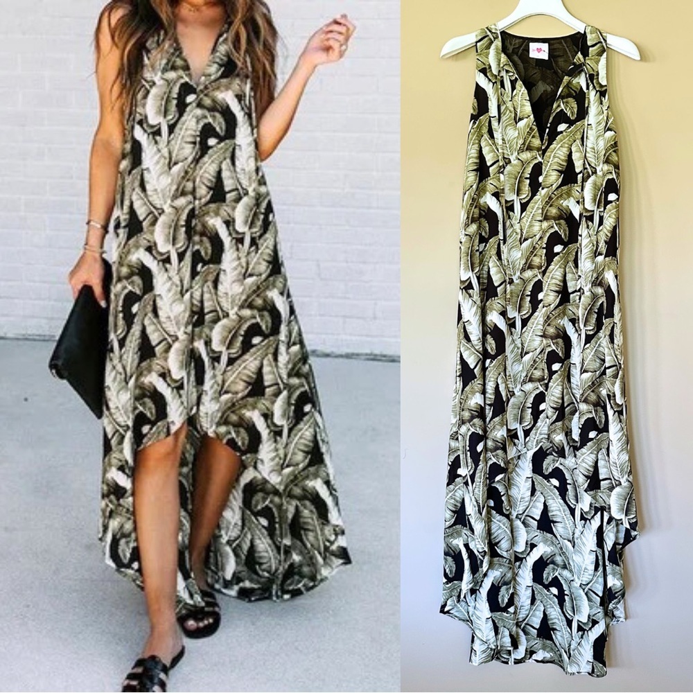 NWOT Buddy Love S/M Sleeveless Palm Leaf Dress Tropical V-Neck Spring Summer